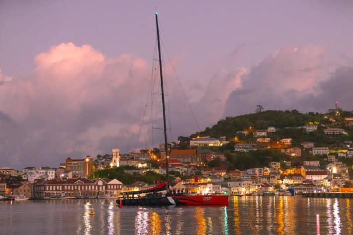   The calm after the Atlantic storm: "Comanche" after crossing the finish line off Grenada