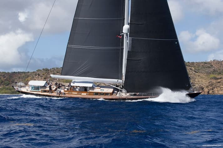   The 121-foot-long "Action" with British sailing stars Ian Walker and Shirley Robertson on board