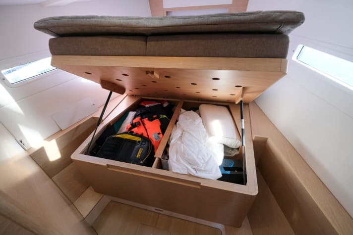   Space for many things. Huge storage spaces are available under the bunk in the foredeck
