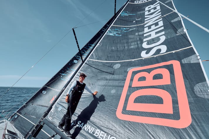   The partner's name is emblazoned in large letters on the mainsail of Sanni Beucke's Figaro