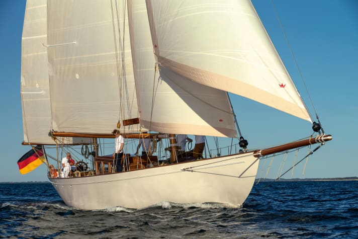 Marstal, Ærø Island, Denmark, DNK, 24.08.2022: Klaus Sentker's steel ketch "Talisman", built in 1920 by Abeking & Rasmussen (A&R), sails off Marstal for the first time after extensive restoration. The shipyard HCC Bådeværft KS (formerly Ebbes Bådebyggeri & Sejlloft) owned by Monica Fabricius is refurbishing the ship. 

[ (c) Stefan Schorr. Larger data volume on request. Use of the image only for a fee (according to the current MFM list), copyright notice (Stefan Schorr) and two specimen copies. Please observe my terms and conditions of business at www.stefanschorr.de/agbs/index.htm, by downloading this image you accept them // Publication only with royalty payment (on basis of current MFM price list), credit line (Stefan Schorr) and two print samples. Please observe my terms and conditions of business at www.stefanschorr.de/agbs/index.htm, by downloading this image you agree to accept them. Anschrift / Postal Address: Stefan Schorr, Kattenescher Weg 65, 28277 B r e m e n. Telefon / Phone: +49 421 17225-95 (Fax -96), Mobil / mobile +49 1755221909, E-Mail: stefan@stefanschorr.de, homepage: www.stefanschorr.de. Konto / bank account: V o l k s b a n k S t u h r, BLZ 29167624, Kto. 8180543800, SWIFT (BIC) GENODEF1SHR, IBAN DE27291676248180543800. VAT ID No. / VAT DE 230293095] [#0,26,121#]