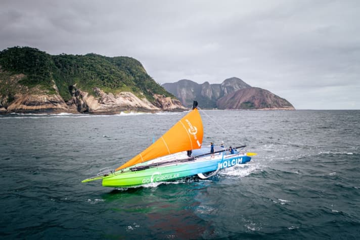 The Ocean Race 2022-23 - 29 April 2023, Leg 4 Day 6 onboard Team Holcim - PRB. Drone image of Team Holcim PRB arriving to Rio de Janeiro with their jury-rig and motor.