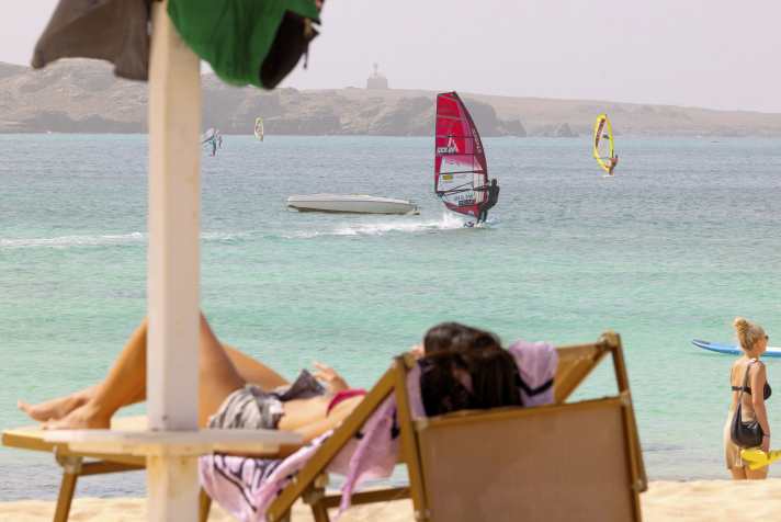 The water is usually quite smooth directly in front of the Planet Allsports centre, so windsurfing lessons are held here.