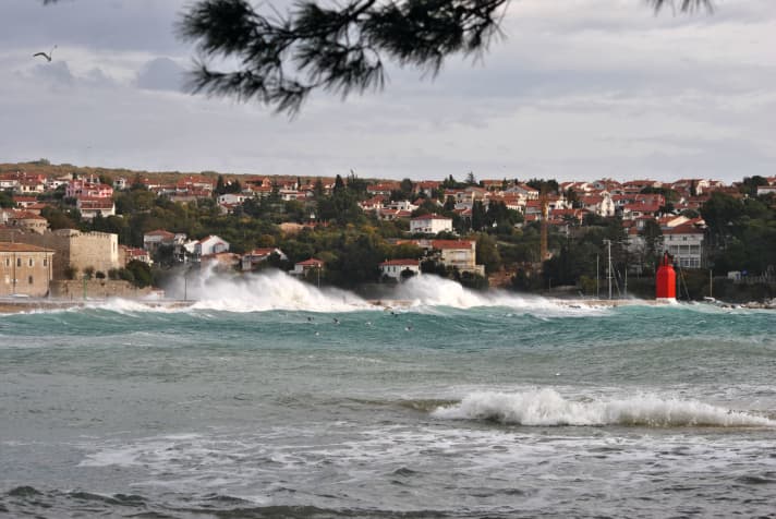 Krk town with strong Jugo winds from the south-east