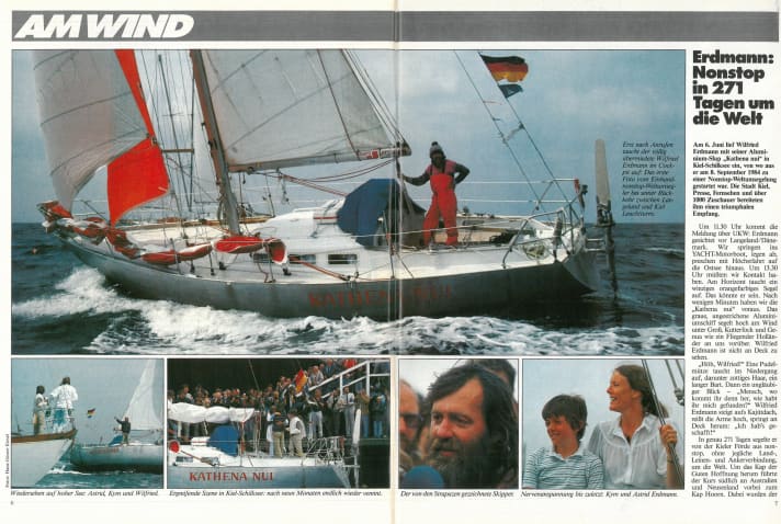   Documentation de Kiesel sur l'arrivée à Kiel après le premier tour du monde en solitaire sans escale (extrait de YACHT 14/85)