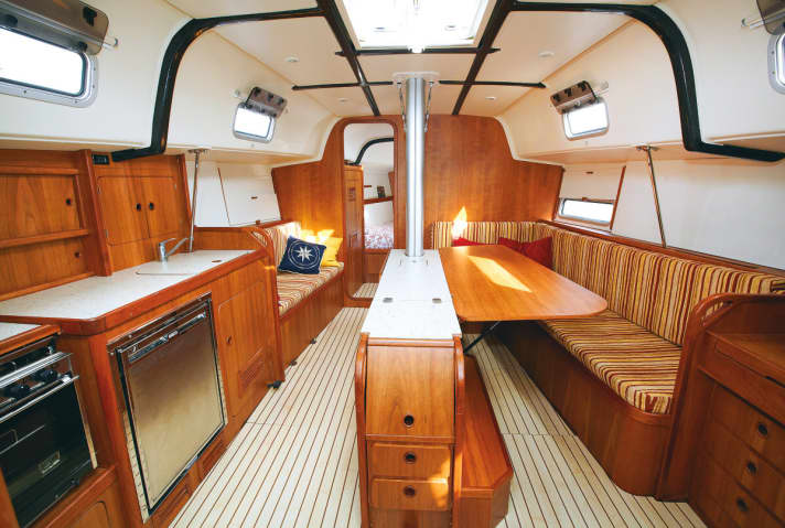   Conventional saloon, dominated by the centreboard box. Canopy with CFRP structure