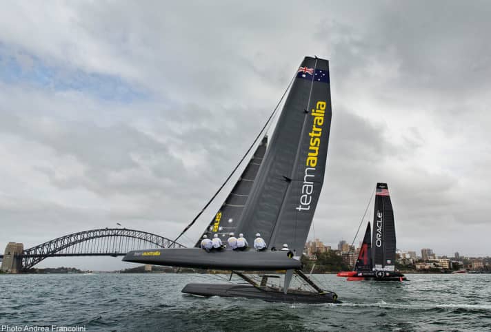   Team Australia training off Sydney. At the next America's Cup World Series, the AC45s will probably be travelling on foils