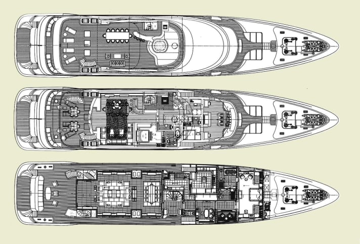 Versatility: The skylounge on the upper deck can be combined with the VIP cabin to form a suite. The owner can use a loggia in front of his office. | n.