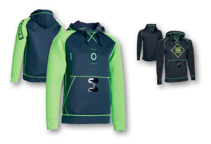 ION Neo Hoody  mit Leuchtfarben-Partien für bessere Sichtbarkeit, große Bauchtasche für die Hände, zwei Trapezöffnungen für eine perfekte Hakenposition. Größen 48/S, 50/M, 52/L, 54/XL