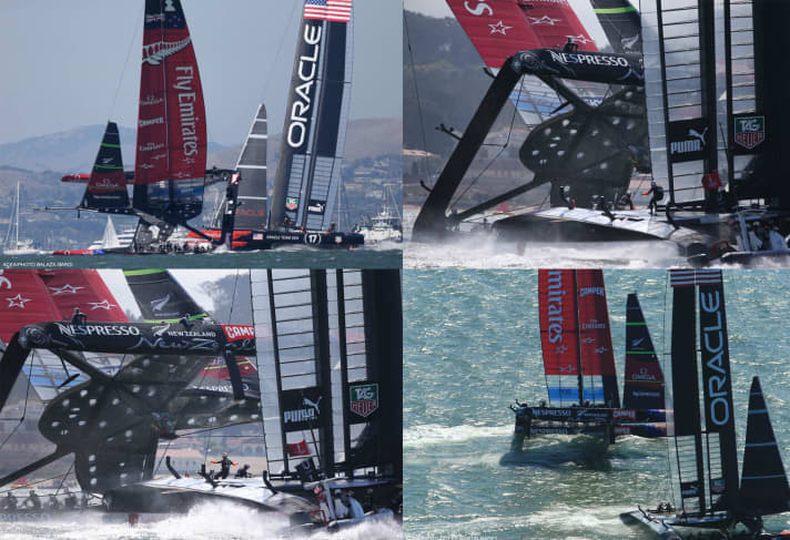   Beinahe-Kenterung in vier Akten: Für fünf Sekunden hat das Emirates Team New Zealand das Motto seines Titelpartners zu wörtlich genommen und in den America's-Cup-Abgrund geblickt