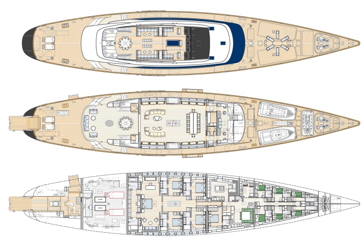 Layout convenzionale: la suite armatoriale a tutta larghezza si trova di fronte ai motori, con l'ala ospiti adiacente. L'equipaggio vive a prua