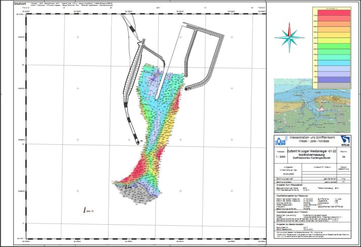   Punkt für Punkt zeigen die Peilungen die Wassertiefen an, wie hier in der Zufahrt zum Hafen Wangerooge