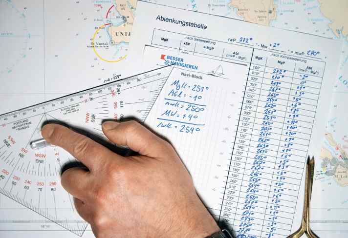 Serie di navigazione YACHT, parte 2 RV2023 KLAMBT Redazione: Lasse Johannsen
Per la regolazione della deviazione della bussola magnetica di bordo, nel caso ideale è stata redatta una tabella di deviazione per la rotta di navigazione; la deviazione può essere verificata anche durante la navigazione