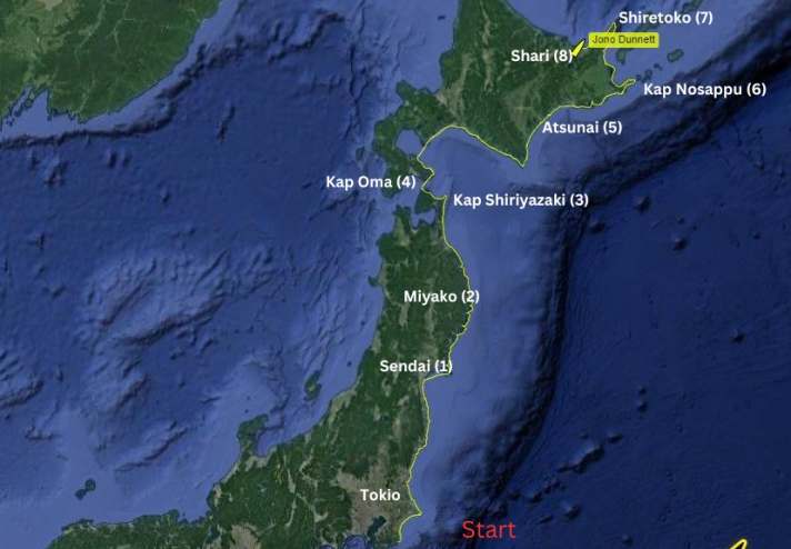 Jono Dunnetts Route bisher und die wichtigsten Stationen auf dieser Etappe. Den Tracker findet ihr weiter unten!