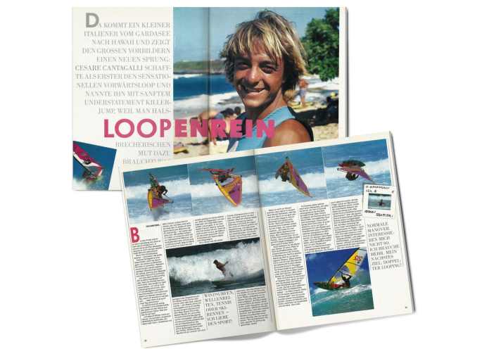 Suddenly in the spotlight: Cantagalli on Hookipa beach. Although Robby Naish won the 1986 Aloha Classic, the headlines centred on Cantagalli's super move.