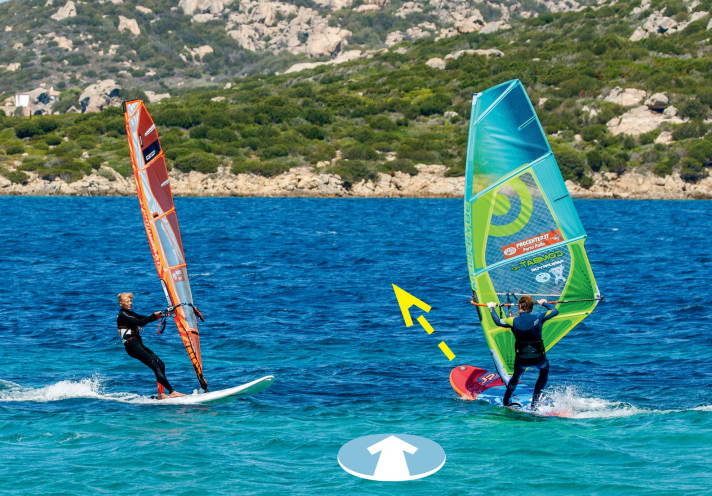 Starboard gives way to port or "Right hand on the mast is right!": The surfer with the orange sail has right of way
