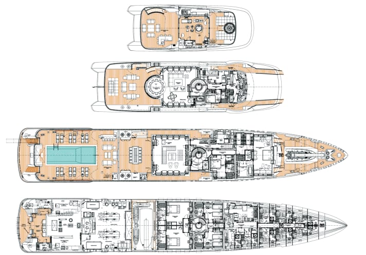 Unusual relations: The main deck aft belongs to the pool behind the upper deck. The superstructure is therefore short compared to the overall length