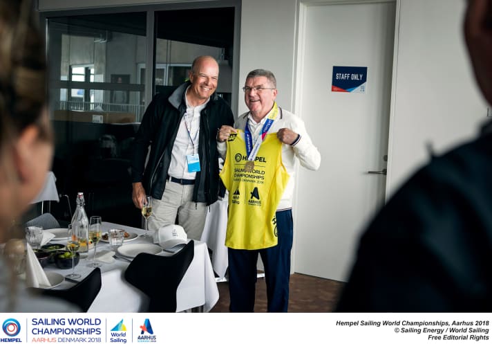   Leading the way with a yellow shirt: IOC President Thomas Bach visited the Sailing World Championships in Aarhus and praised the Olympic spirit of the sailors