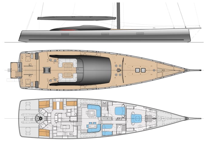 Lower deck: The layout accommodates five crew heads and the galley in the stern. The saloon separates it from two guest cabins and the owner's suite in the bow: YACHT