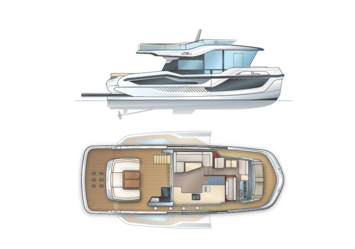 Badeplattform: Die Badeplattform im Heck ist ausgesprochen groß und fährt hydraulisch ins Wasser. Flybridge: Die Flybridge erstreckt sich fast über die ganze Dachlänge. Frontscheibe: Die Windschutzscheibe ist nach vorne geneigt, was den Explorer-Charakter unterstreicht.