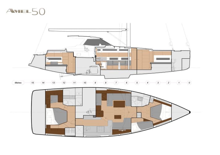   Amel 50 is equipped with two owner's cabins, each with its own bathroom, plus a double cabin for guests on board