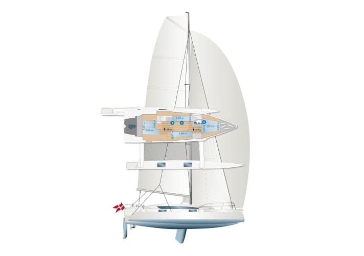 Quorning utilise des gréements en fibre de carbone de sa propre fabrication pour tous ses grands trimarans. La version sport est livrée avec deux mètres de tubes supplémentaires et peut mettre plus de toile. La construction et le poids des coques sont identiques. Réservoirs : A eau douce, B diesel, C matières fécales. Réfrigérateur : 85 litres.