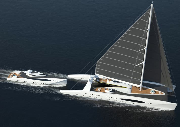Zwei in einem: Eine 56,20 Meter lange Highspeed-Motoryacht lässt sich in den 96,30 Meter langen „Fusion“-Katamaran eindocken. | n.