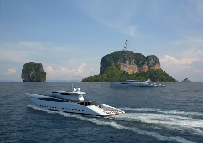 "Fusion" underway: the motor yacht has three decks and a beach deck. The docking manoeuvre is fully automatic. | h.