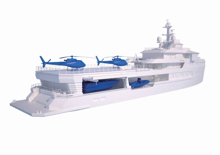 Tender parade: The two helicopters (Eurocopter B3) descend into the hangar, with the landing craft and RIB below. A limousine tender from Fassmer is parked on the port side. | r.
