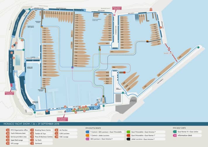 Exhibition layout: The largest yachts will once again be moored at the cruise pier Quai Rainier III and at the head ends of Quai l'Hirondelle and Quai Rainier 1er. BOOTE EXCLUSIV can be found at Darse Sud (DS02). Tenders and golf carts are again available as shuttles. | g.