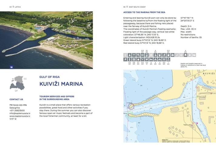   Foto aeree, sezione di carte nautiche e descrizione. Per la Lettonia, la guida portuale Sail Estonia and Latvia offre un buon aiuto alla navigazione.