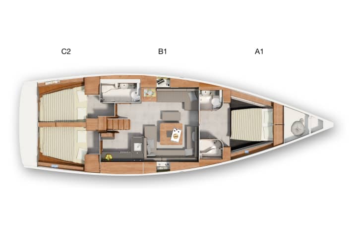   The standard interior layout with two cabins aft and an owner's area forward