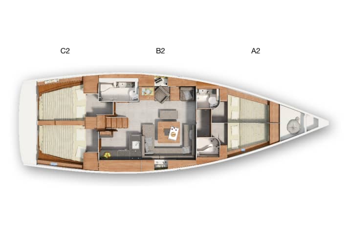   The alternatives: Divided foredeck and separate stool instead of the long sofa in the saloon