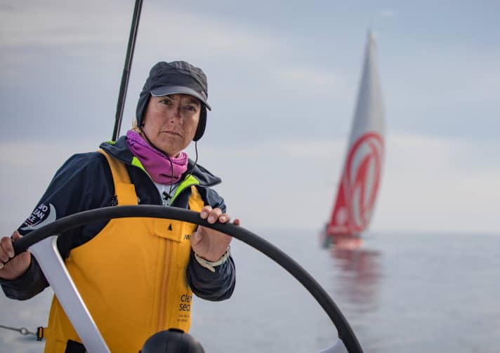   "Leg Zero": Skipper Dee Caffari at the helm of "Turn the tide on plastic"