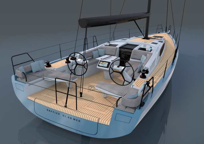 Saffier SL 46 Med : longueur de la coque 13,75 m, largeur 4,45 m, poids 10,9 t, à partir de 1.130.500 euros