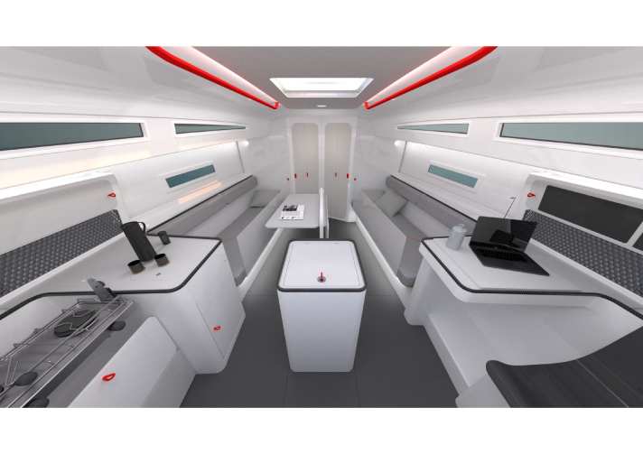 Version allégée : pas de bois, uniquement des pièces composites, et de nombreux composants en fibre de carbone. La fonctionnalité sobre et l'économie de poids sont au cœur de l'aménagement intérieur.