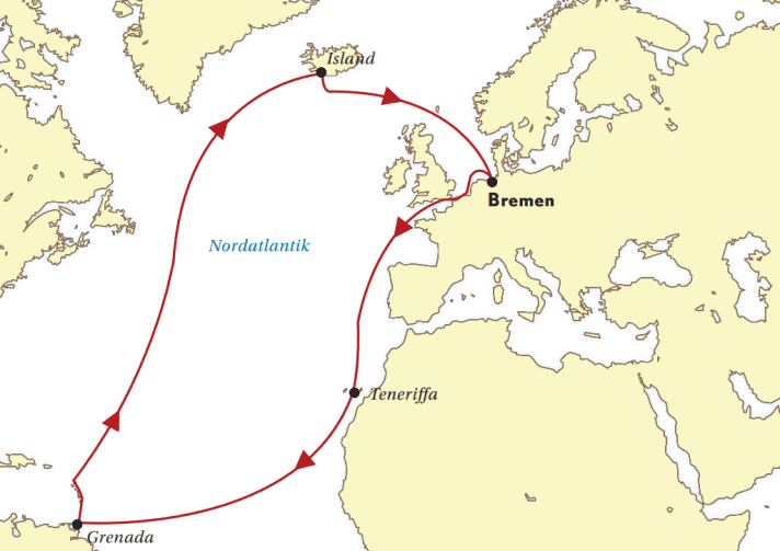 D'abord la route pieds nus vers les Caraïbes, puis l'Atlantique Nord rugueux vers les Caraïbes : il a fallu environ un an à Marcus Bulgrin pour faire le tour de l'Atlantique. | Carte : YACHT