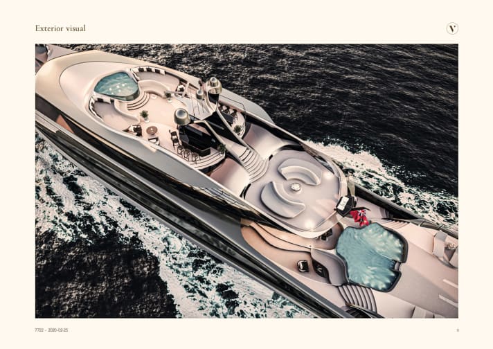 Large areas: The "Futura" offers numerous zones for relaxing, dining and bathing. The helicopter can land on her aft behind the larger pool. | n.