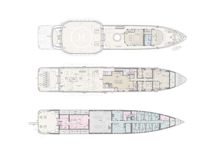 Upper deck: Apart from the conventional layout at the front, the helipad certified for 3.8 tonnes and with a D-value of 14 m dominates. Main deck: The owner's and guest cabins are adjoined by the water sports centre, tender garage and the swimming platform. Lower deck: Aft of the engine room are fuel tanks for the helicopter and tender as well as storage space for the water park.