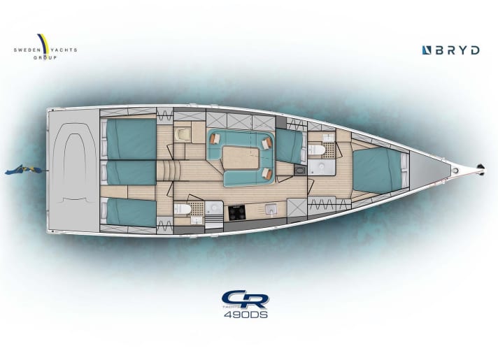 One of many possible layouts: four double cabins, two bathrooms and a raised seating area