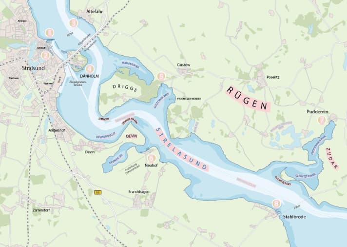 Der Strelasund mit den acht beschriebenen Highlights