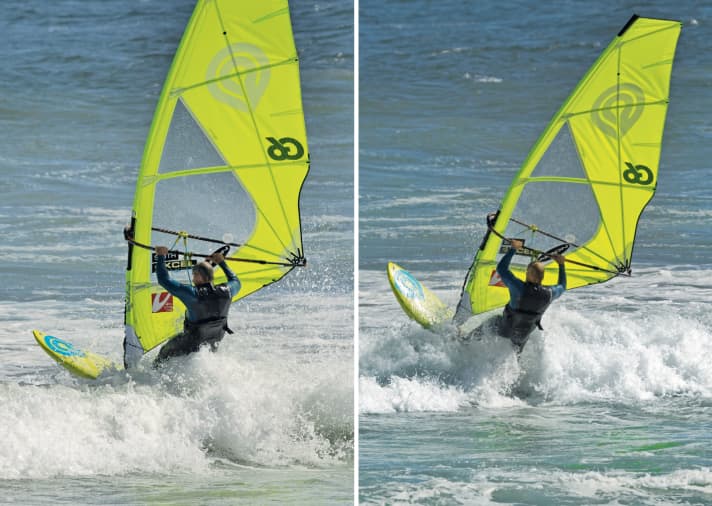 When crossing waves, the aim is always to approach the wave as head-on as possible and deliberately bring the bow upwards (right).
