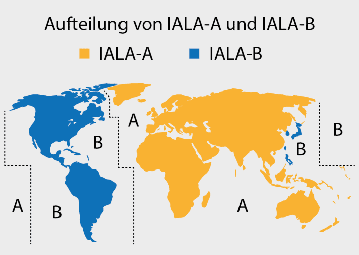 Gültigkeitsbereiche von IALA-A und IALA-B. Für Atlantik und Pazifik wurden geografische Grenzen festgelegt.