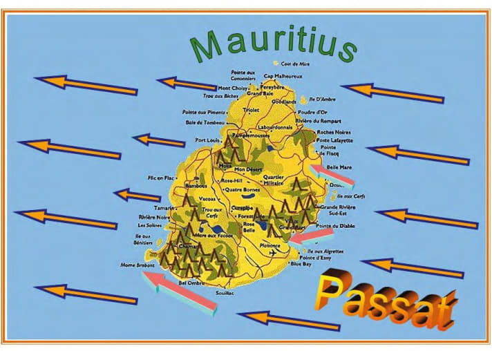 Die blaurosa Pfeile zeigen, wo der Grundpassat rund um Mauritius durch topgrafische Besonderheiten getunt wird. Besonders Le Morne im Süden profitiert vom Leitplanken-Effekt der Berge.