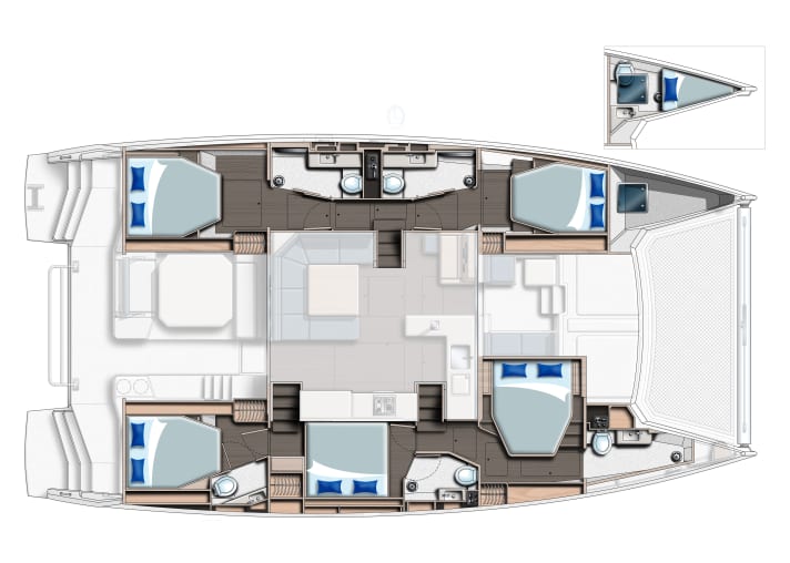   Leopard 50 con cinque cabine e cinque cabine di testa. La cabina armatoriale, installata trasversalmente, è accessibile tramite un ingresso separato.