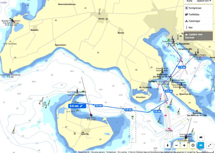 Route planning with Eniro.se. The lengths of the sections are displayed automatically. The waypoints can be moved subsequently