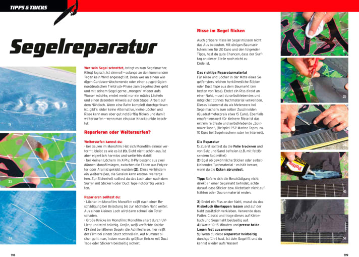 Repair tips for sails and boards can also be found in the book