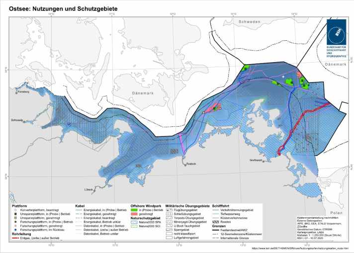 La carte générale du BSH montre toutes les utilisations et les zones protégées dans la zone des 12 miles nautiques et la zone économique exclusive en mer Baltique allemande. Directement au nord-est des parcs éoliens "Arkona Südost" et "Wikinger" déjà en service, un nouveau parc est en cours de construction. Plus à l'ouest, deux autres installations offshore sont en construction : "Baltic Eagle" et "Arkadis Ost". | graphique : BSH