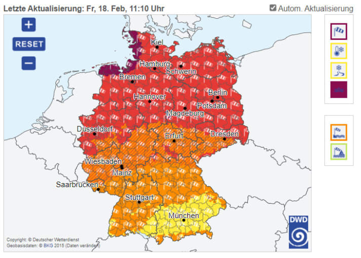   The German Weather Service forecasts extremely severe storms for northern Germany