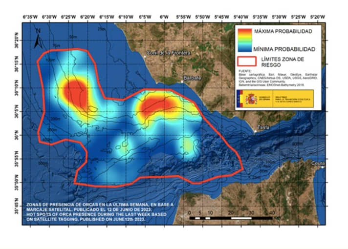 La zone de risque actuelle des orques au 12 juin 2023